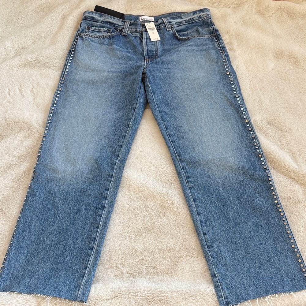 ASKK NY Light Blue Straight Leg Jeans with Studded Sides. NWT!